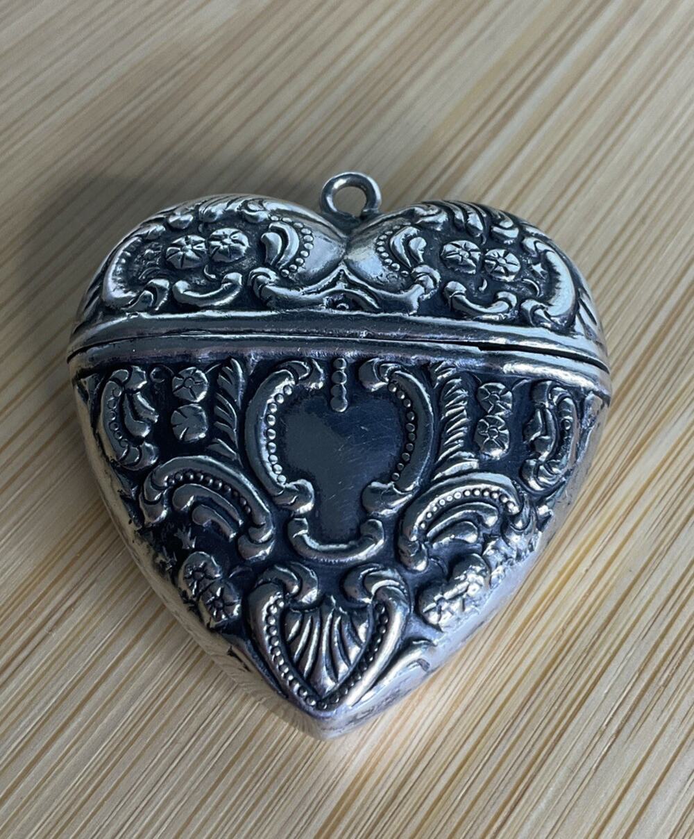 Vintage Victorian Heart Shaped Sterling Silver Repousse Match Safe Pendant 925